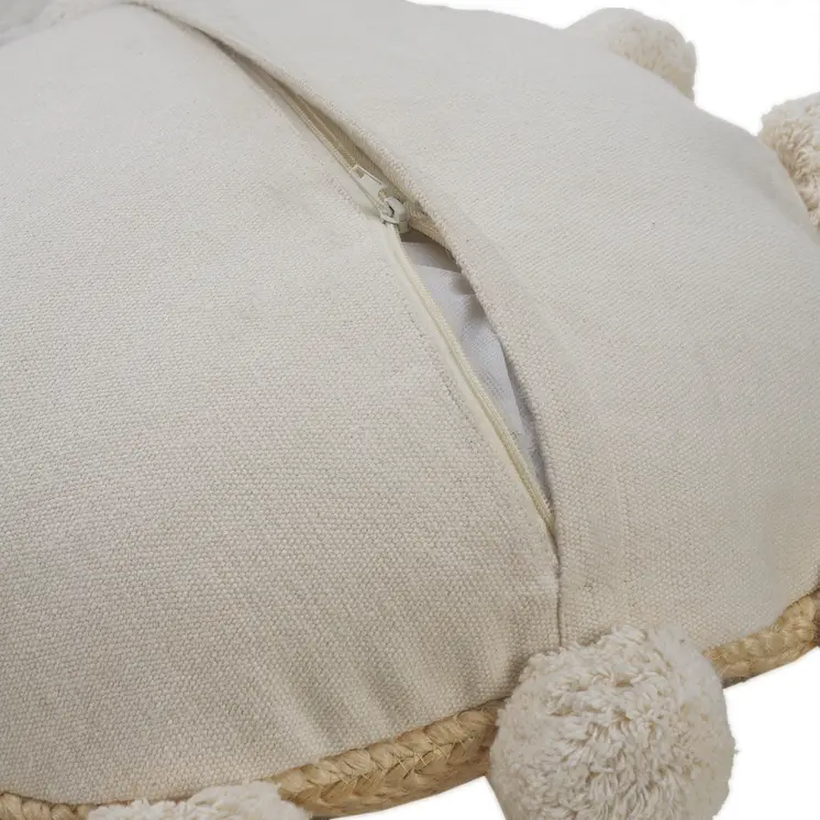 20" X 20" Brown Cotton And Jute Round Throw Pillow with Pompoms