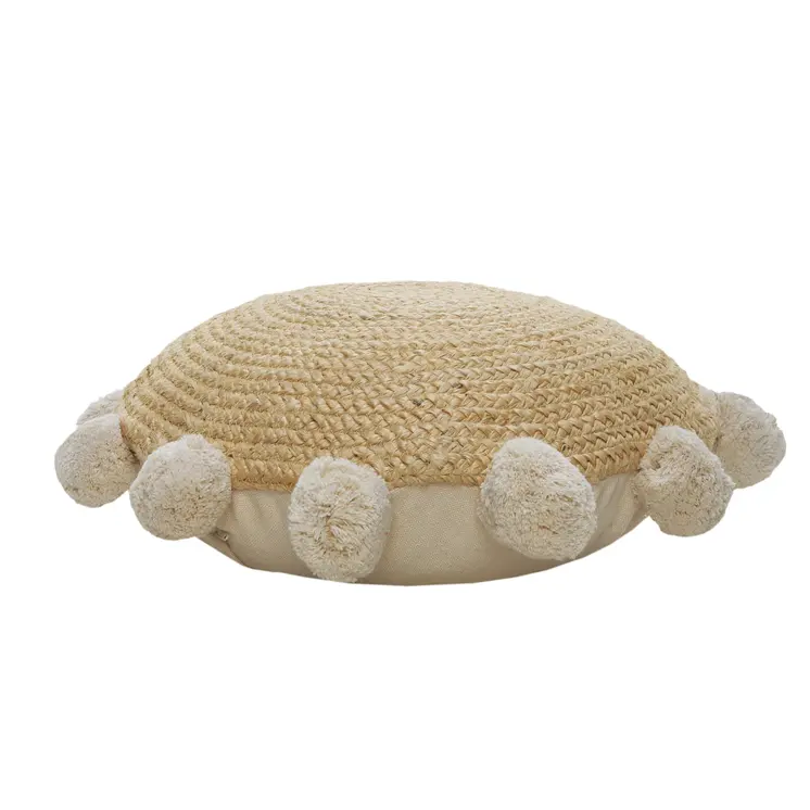 20" X 20" Brown Cotton And Jute Round Throw Pillow with Pompoms