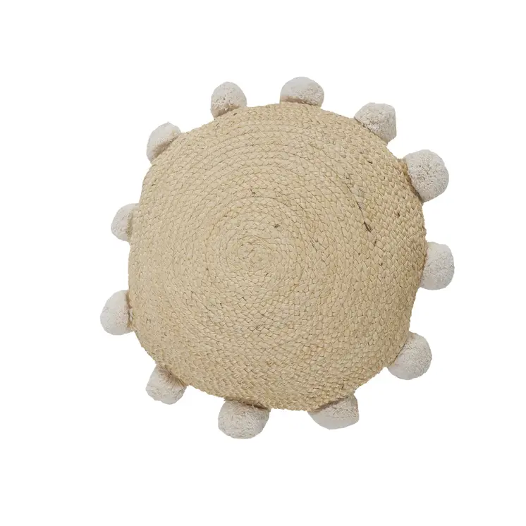 20" X 20" Brown Cotton And Jute Round Throw Pillow with Pompoms