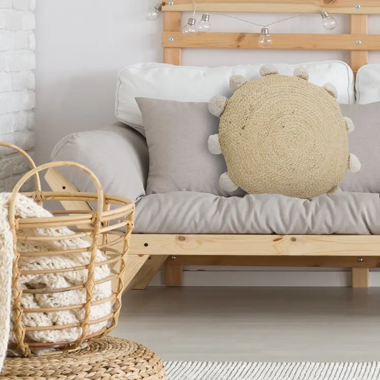 20" X 20" Brown Cotton And Jute Round Throw Pillow with Pompoms