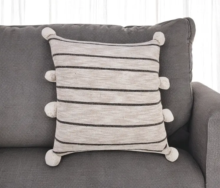 20" Beige And Black Jute Striped Throw Pillow with Pompoms