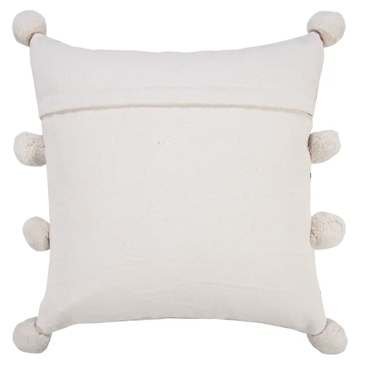 20" Beige And Black Jute Striped Throw Pillow with Pompoms