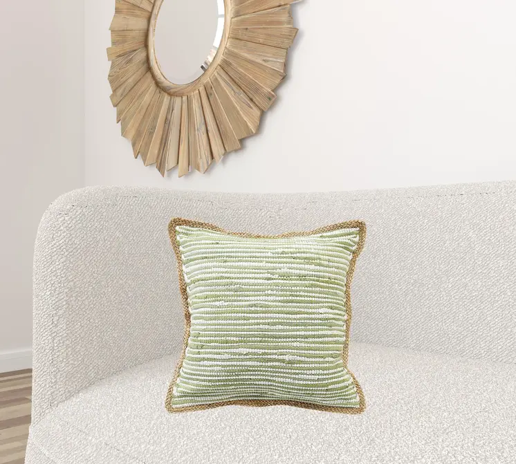 20" X 20" Sweet Pea Green, White And Tan 100% Cotton Striped Zippered Pillow
