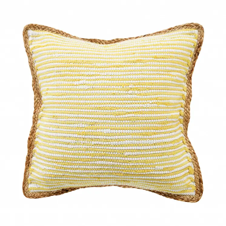 20" X 20" Golden Yellow, White And Tan 100% Cotton Striped Zippered Pillow