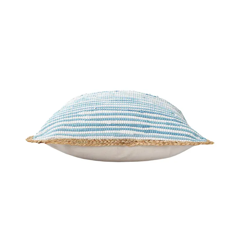 20" X 20" Air Blue White And Tan 100% Cotton Striped Zippered Pillow