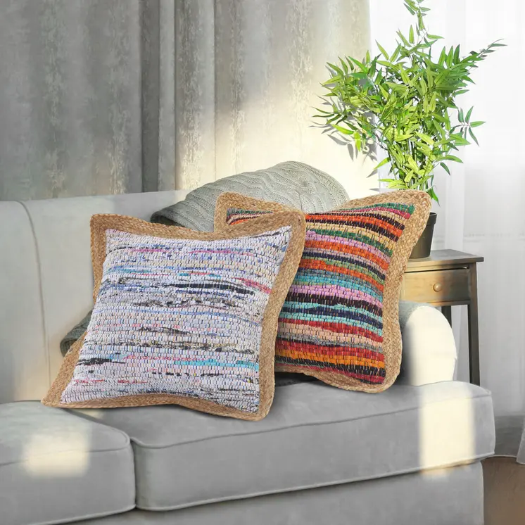 20" X 20" Tan Pastel Blue And Pastel Yellow 100% Cotton Geometric Zippered Pillow