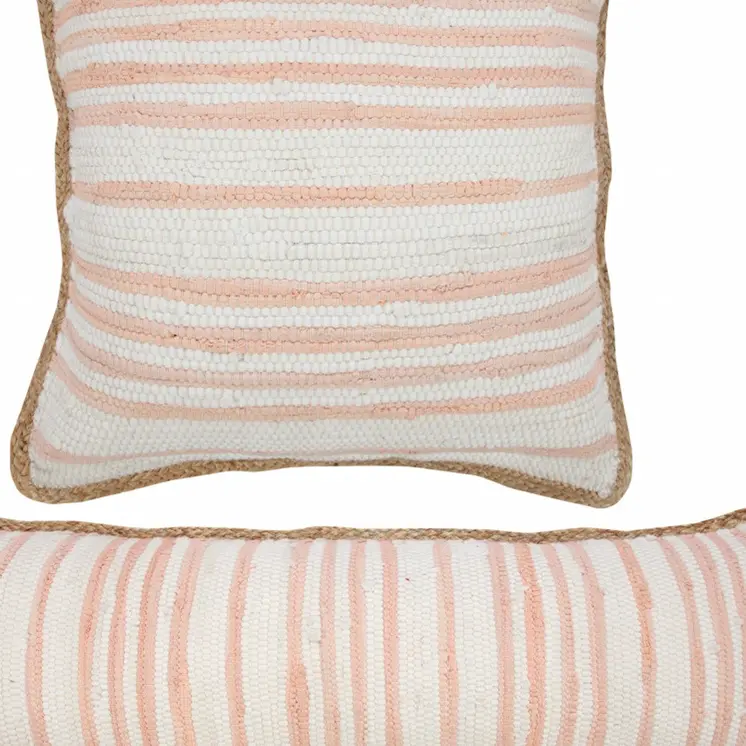 20" X 20" Coral Pink White And Tan 100% Cotton Striped Zippered Pillow