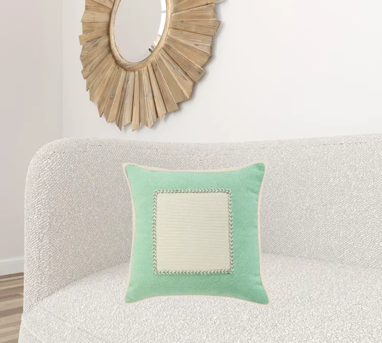 20" X 20" Pastel Green And Cream 100% Cotton Zippered Pillow