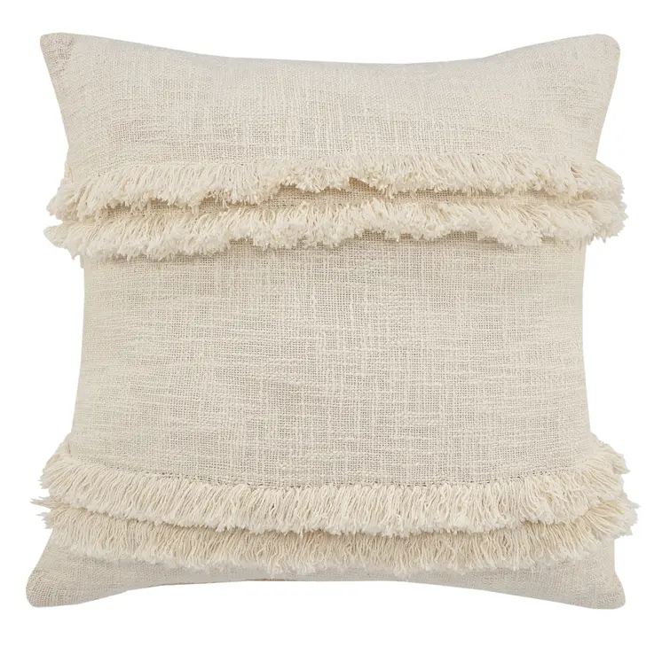 20" Cream Cotton Throw Pillow with Fringe