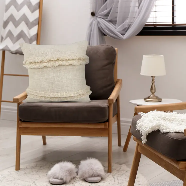 20" Cream Cotton Throw Pillow with Fringe