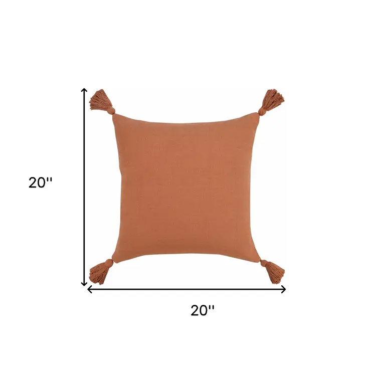 20" X 20" Orange Cotton Zippered Pillow With Tassels