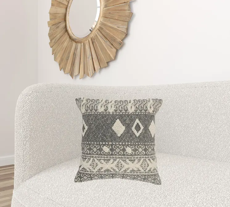 20" X 20" Gray And White 100% Cotton Geometric Zippered Pillow