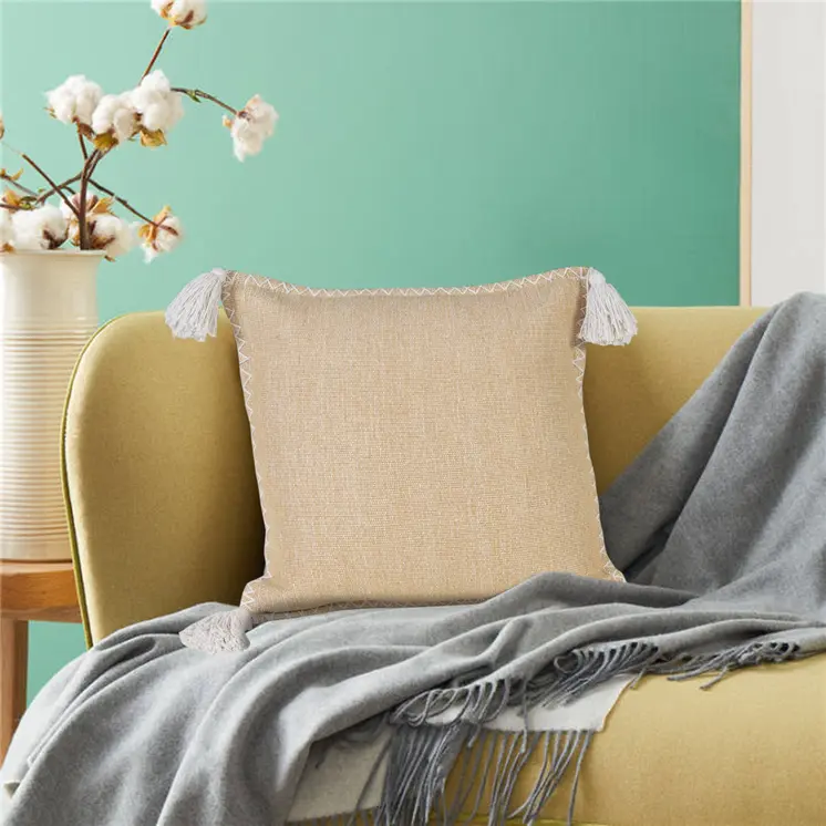 20" Brown and White Throw Pillow with Embroidery and Tassels