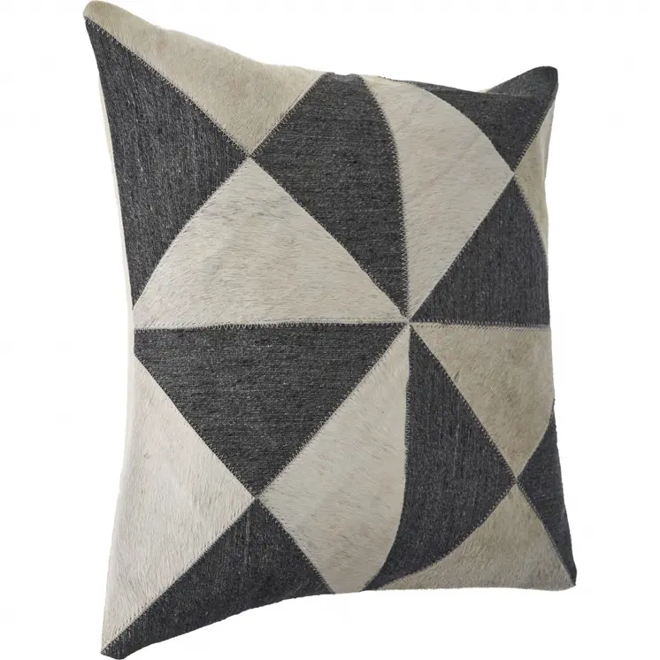 20" Charcoal and Ivory Geometric Wool And Faux Leather Throw Pillow