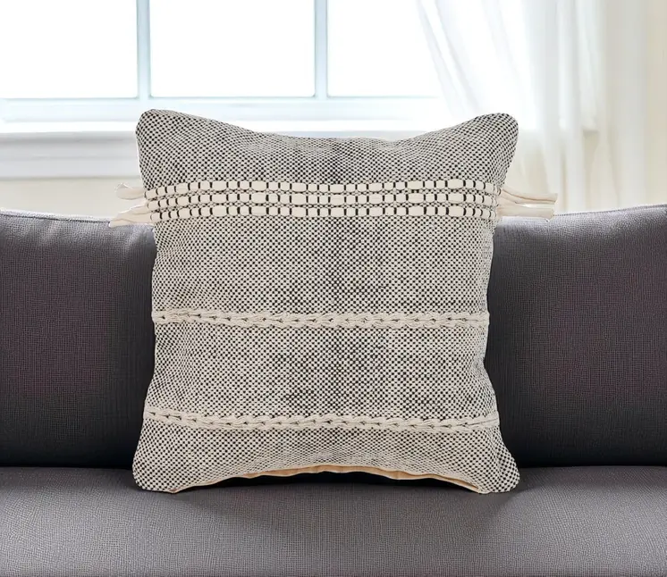 20" Black And Natural Striped Cotton Throw Pillow with Tassels
