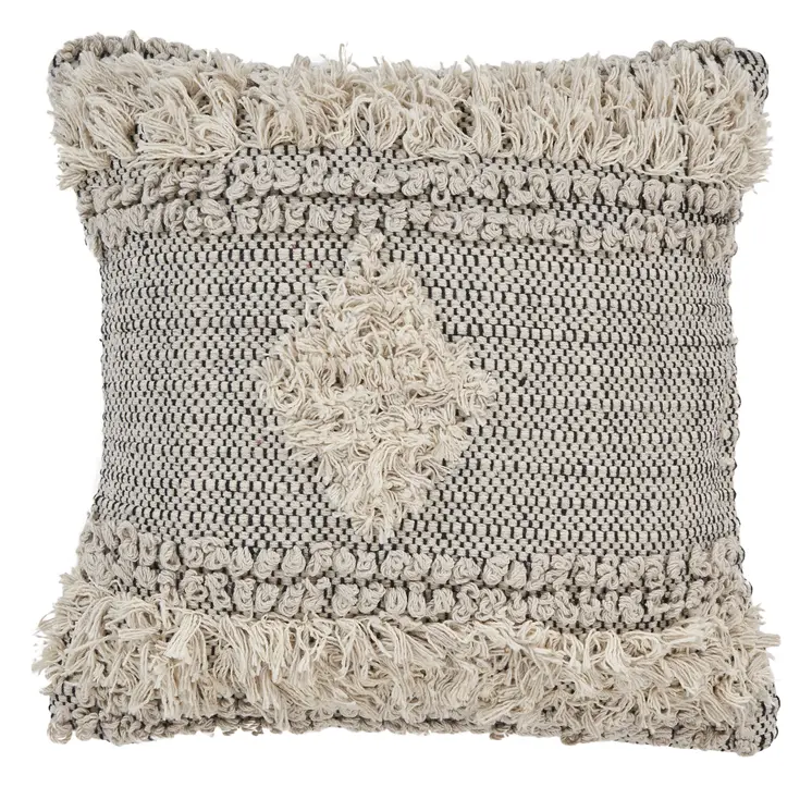 20" Natural and Black Throw Pillow with Fringe