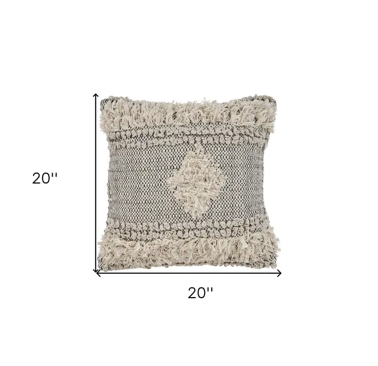20" Natural and Black Throw Pillow with Fringe