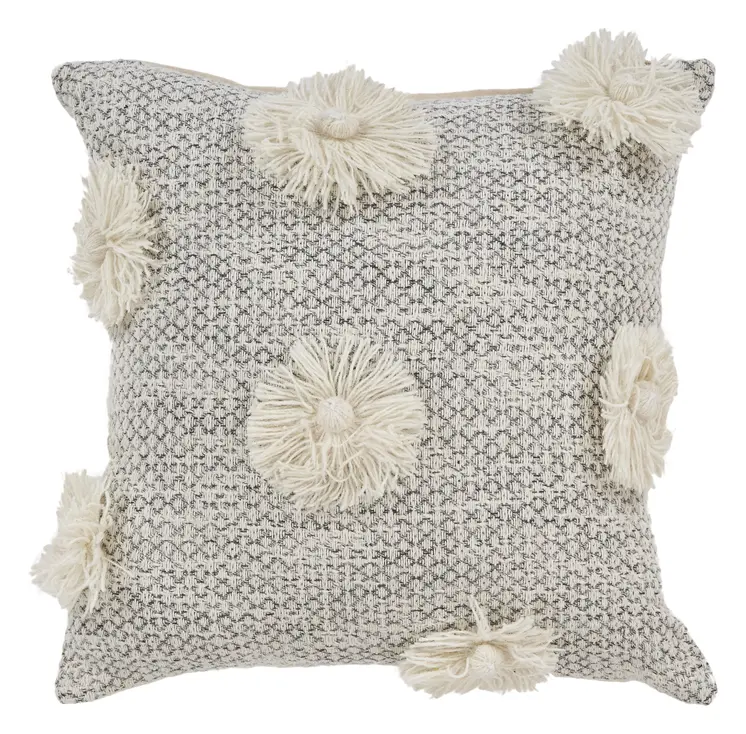 18" Gray and Ivory Throw Pillow with Tassels