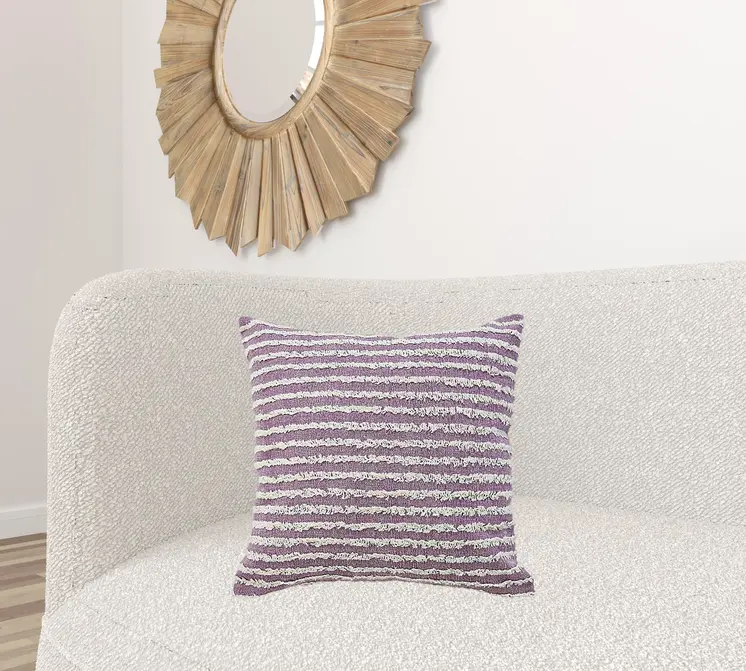 20" X 20" Purple And Cream 100% Cotton Striped Zippered Pillow