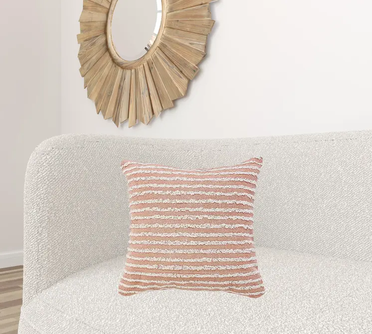 20" X 20" Dusty Pink And Cream 100% Cotton Striped Zippered Pillow