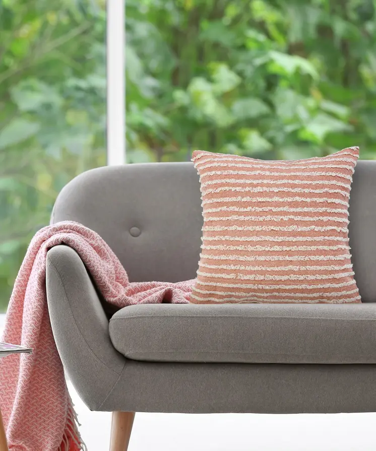 20" X 20" Dusty Pink And Cream 100% Cotton Striped Zippered Pillow