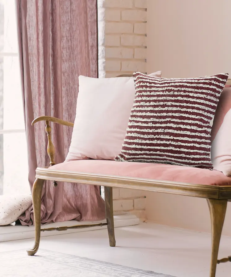 20" Merlot And Off White Cotton Striped Throw Pillow