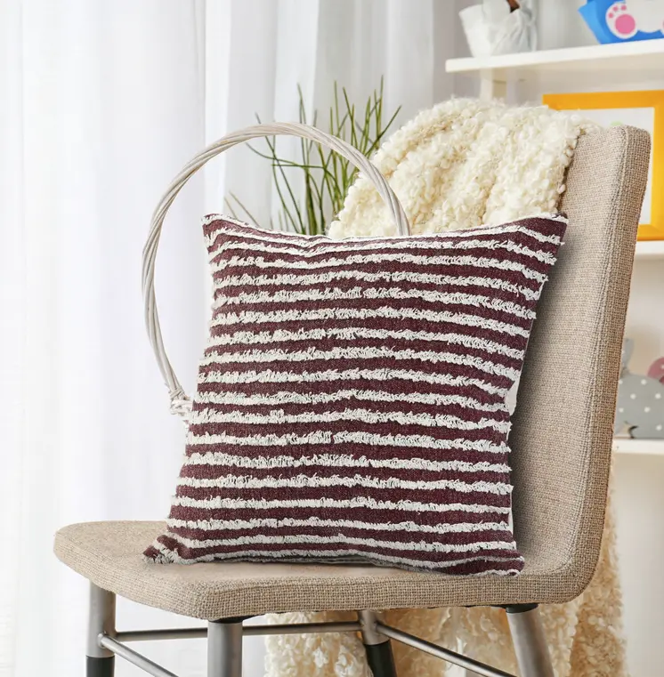 20" Merlot And Off White Cotton Striped Throw Pillow