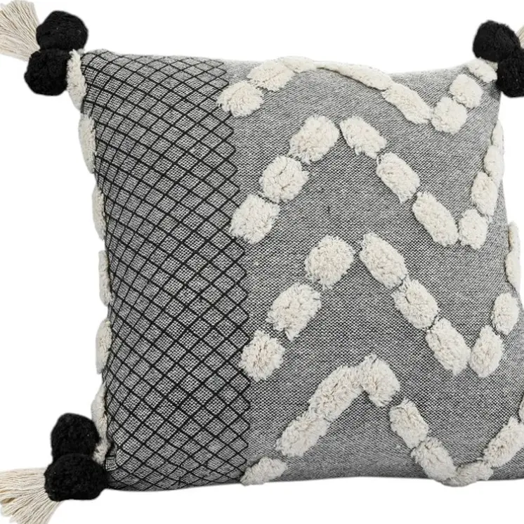 20" Black Gray And Cream Cotton Geometric Throw Pillow with Pompoms