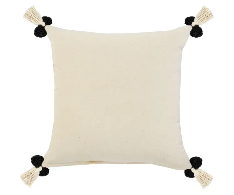 20" Black Gray And Cream Cotton Geometric Throw Pillow with Pompoms