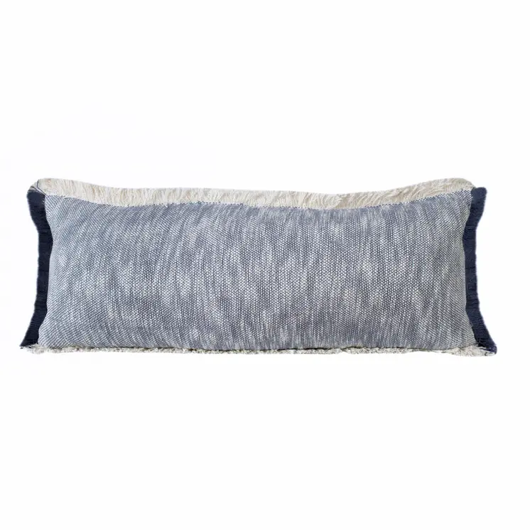 14" X 36" Navy Blue And White Cotton Linen Throw Pillow with Fringe