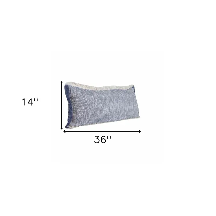 14" X 36" Navy Blue And White Cotton Linen Throw Pillow with Fringe
