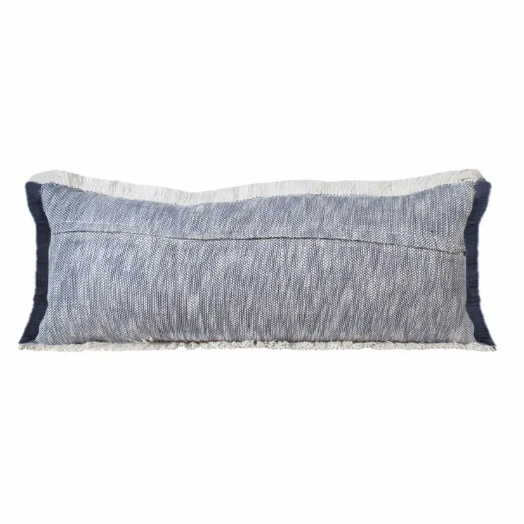 14" X 36" Navy Blue And White Cotton Linen Throw Pillow with Fringe