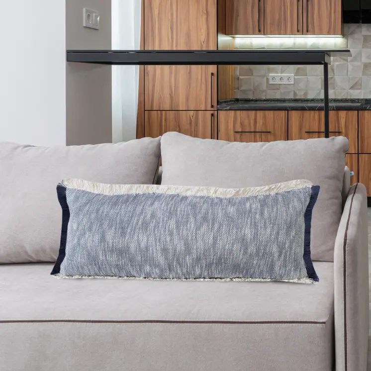 14" X 36" Navy Blue And White Cotton Linen Throw Pillow with Fringe