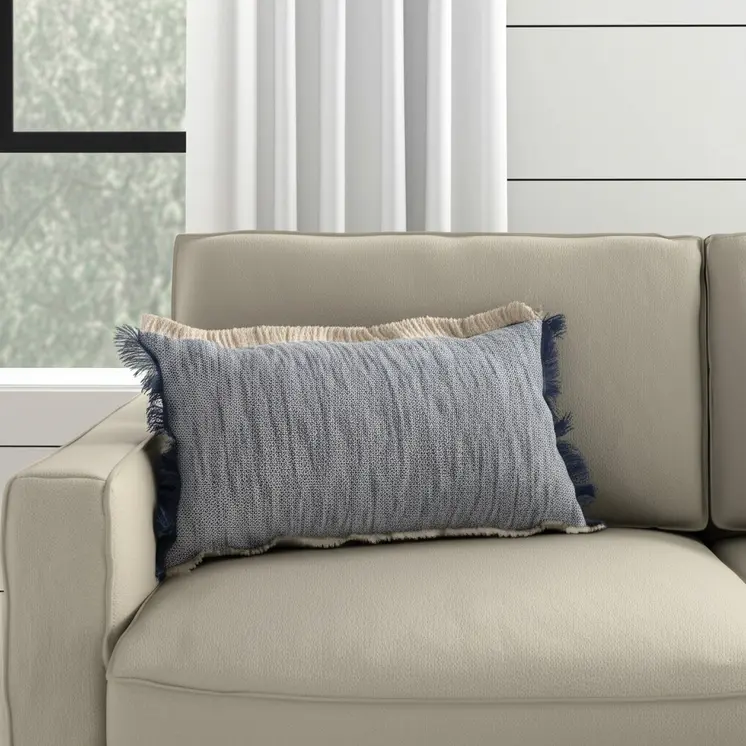 14" X 36" Navy Blue And White Cotton Linen Throw Pillow with Fringe