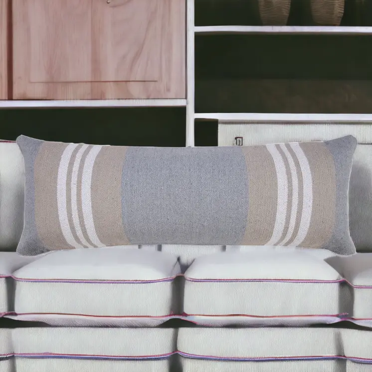 14" X 36" Beige and Gray Lumbar Throw Pillow