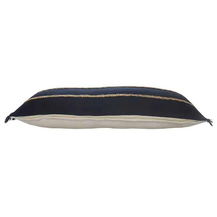 14" X 36" Navy Blue And Tan Cotton Striped Throw Pillow with Fringe
