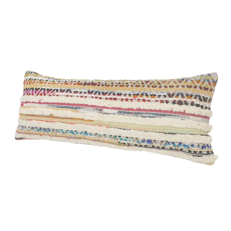 14" X 36" Off White Red And Blue Cotton Striped Throw Pillow