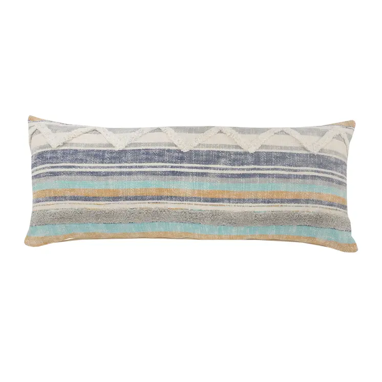 14" X 36" Off White Blue And Orange Cotton Striped Throw Pillow