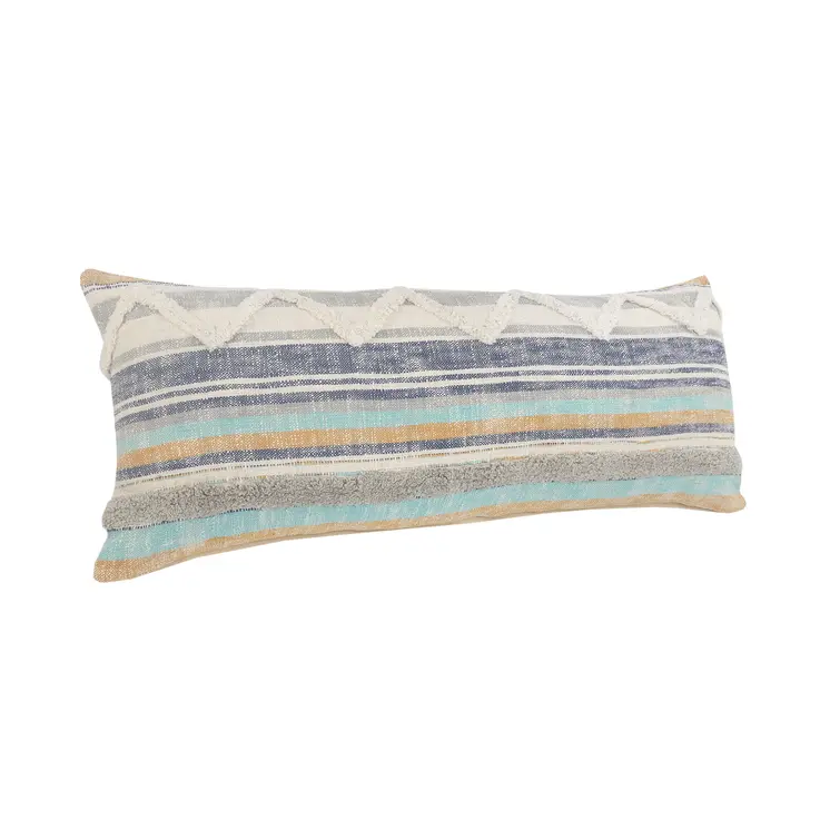 14" X 36" Off White Blue And Orange Cotton Striped Throw Pillow