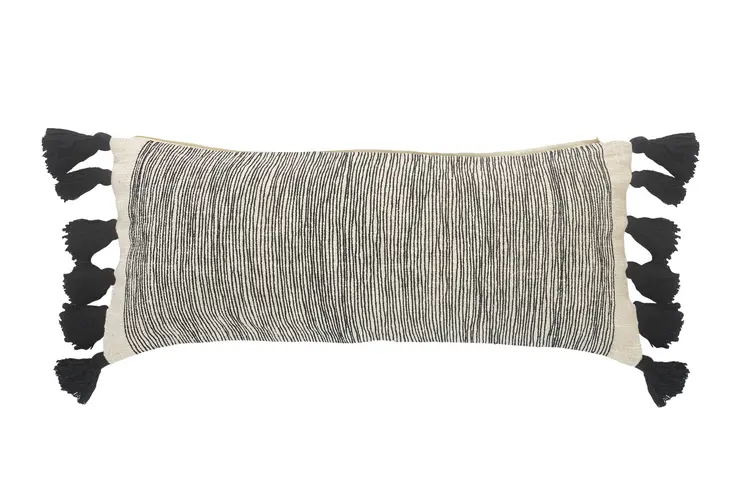 12" X 28" Gray Ivory And Black Cotton Wavy Stripe Throw Pillow with Fringe