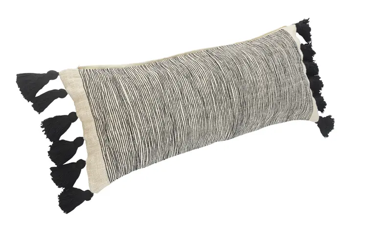 12" X 28" Gray Ivory And Black Cotton Wavy Stripe Throw Pillow with Fringe
