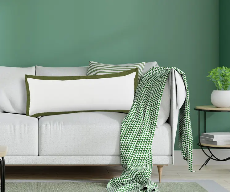 14" X 36" White And Moss Green 100% Cotton Geometric Zippered Pillow