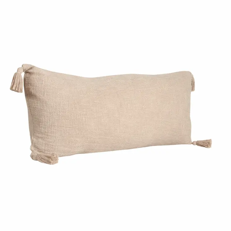 14" X 36" Beige Cotton Throw Pillow with Tassels