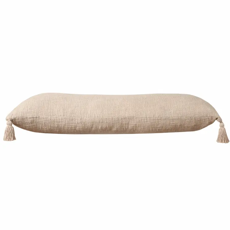 14" X 36" Beige Cotton Throw Pillow with Tassels