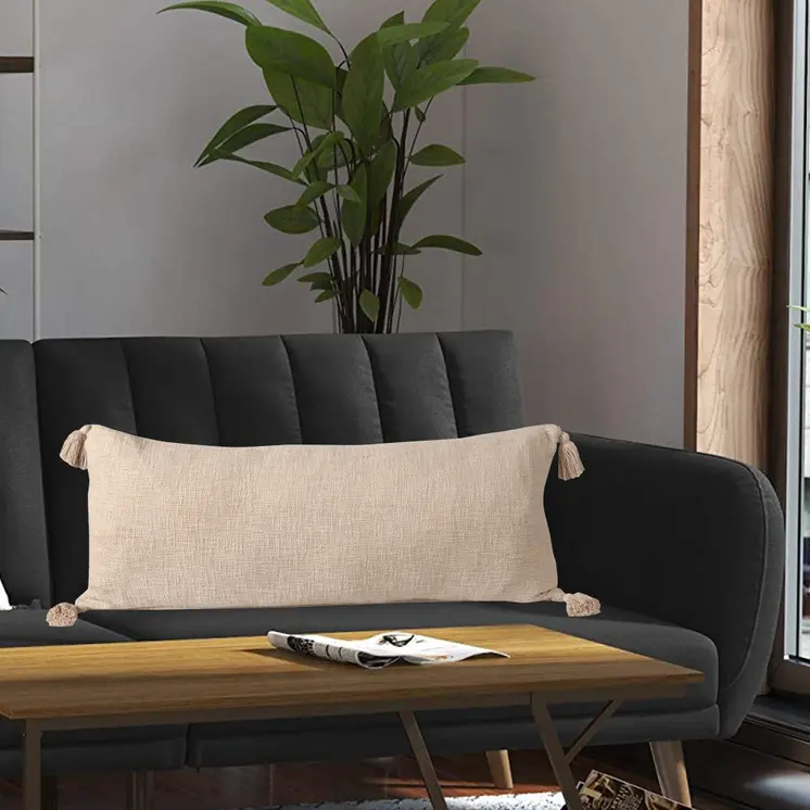 14" X 36" Beige Cotton Throw Pillow with Tassels