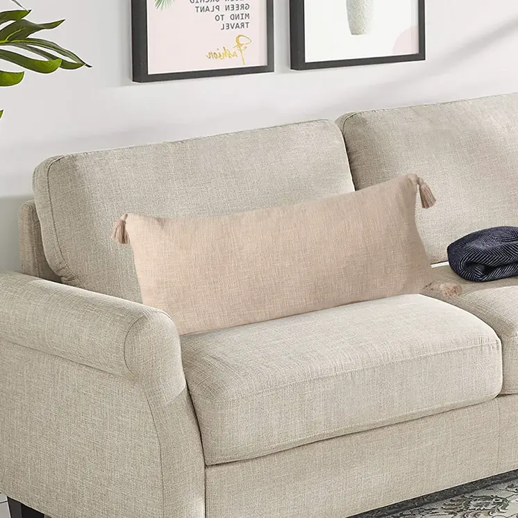 14" X 36" Beige Cotton Throw Pillow with Tassels