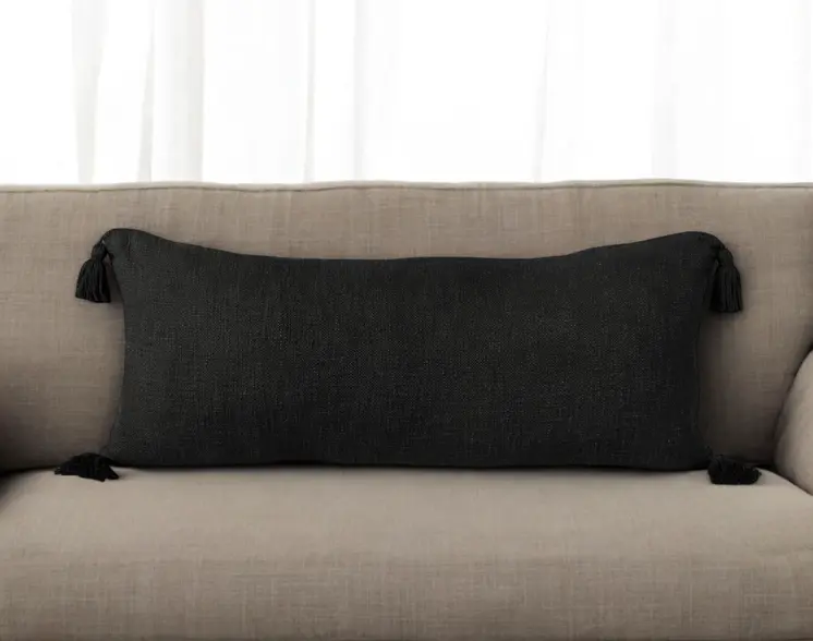 14" X 36" Black Cotton Throw Pillow with Tassels