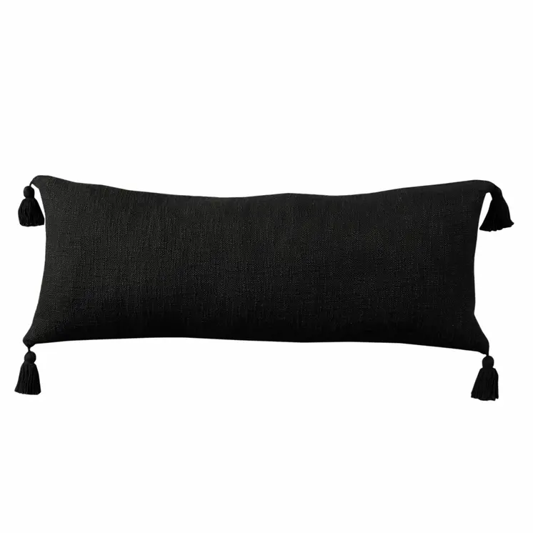 14" X 36" Black Cotton Throw Pillow with Tassels