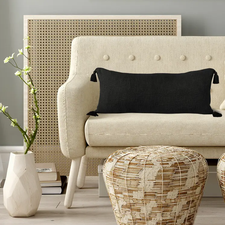 14" X 36" Black Cotton Throw Pillow with Tassels