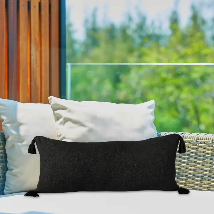 14" X 36" Black Cotton Throw Pillow with Tassels
